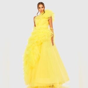 Mac Duggal 20534 NWT Yellow Tulle Ruffled One Shoulder Gown